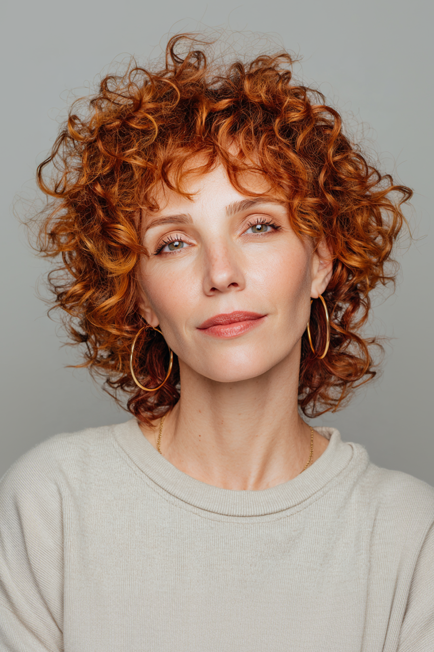 1. Copper Curly Shag with Face-Framing Layers (Hairstyles For Women Over 40 With Curly Hair) - Hairstyles For Women Over 40 With Curly Hair