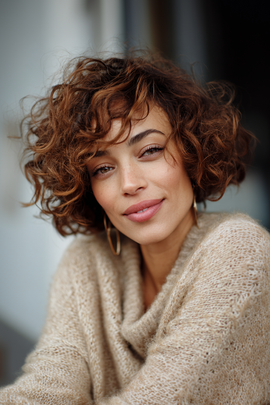 2. Salted Caramel Chin-Length Curly Bob (Hairstyles For Women Over 40 With Curly Hair) - Hairstyles For Women Over 40 With Curly Hair