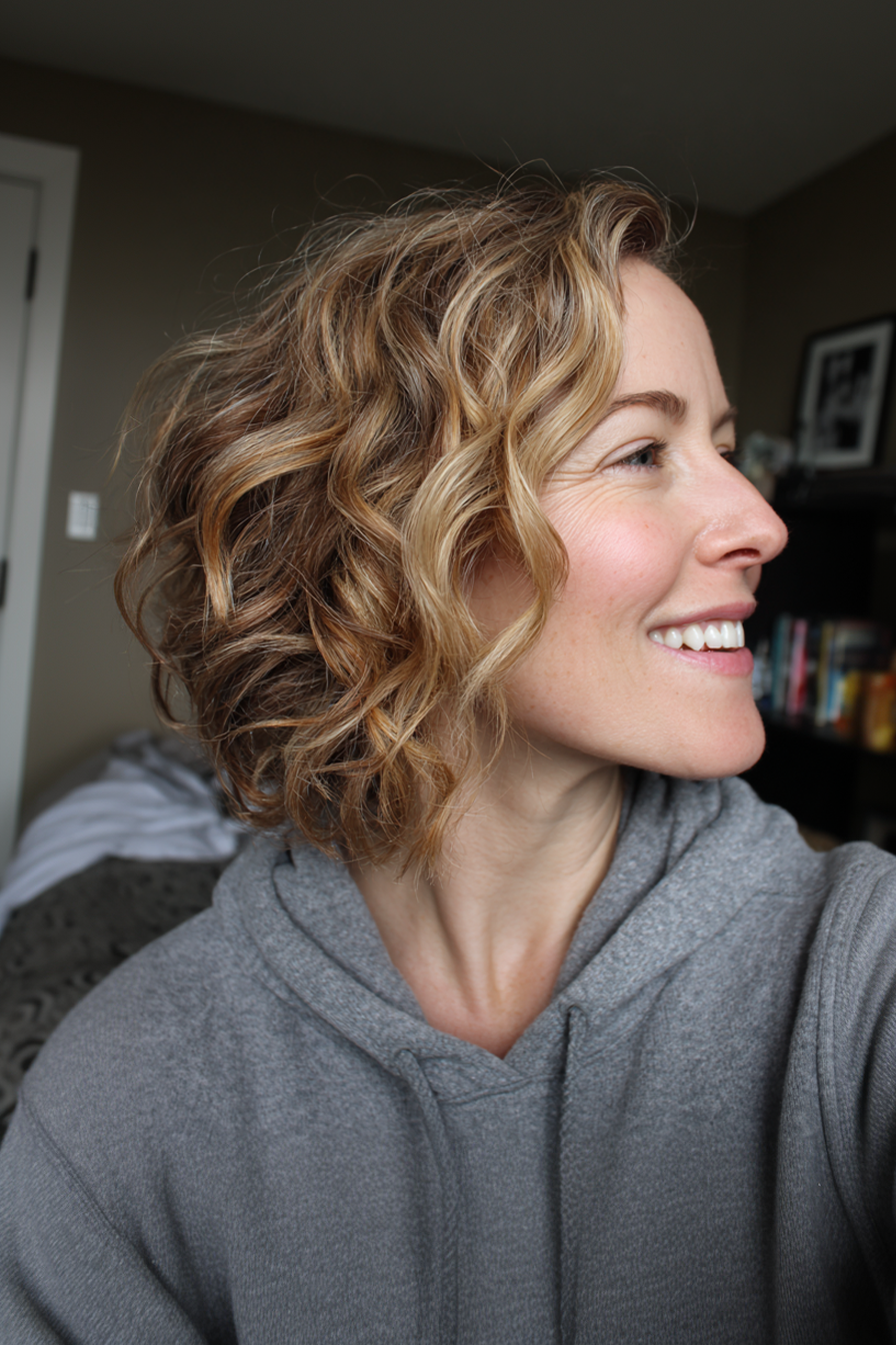 5. Bouncy Mid-Length Cut with Honey Blonde Ribbons (Hairstyles For Women Over 40 With Curly Hair) - Hairstyles For Women Over 40 With Curly Hair