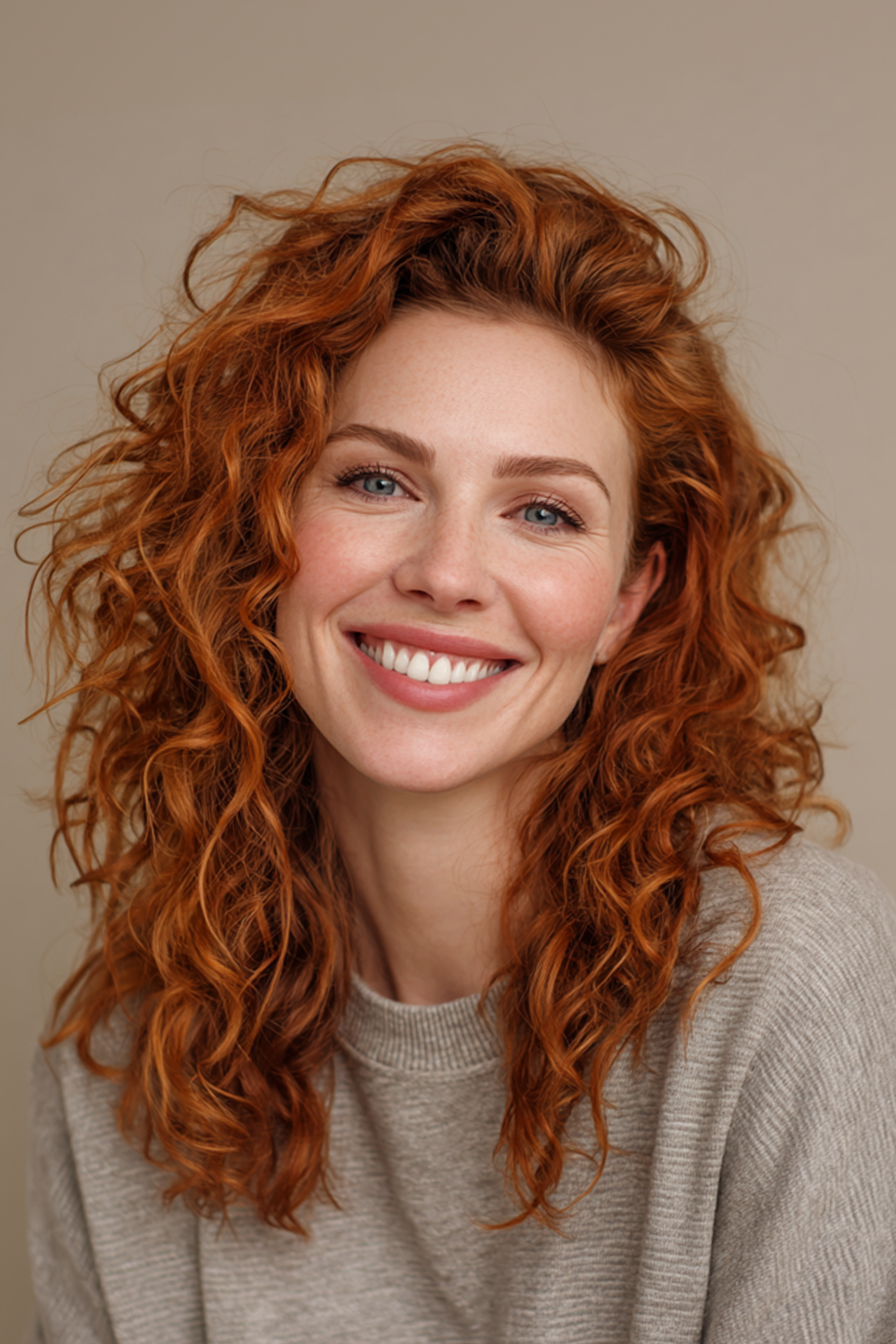 7. Soft Curly Wolf Cut in Auburn Red (Hairstyles For Women Over 40 With Curly Hair) - Hairstyles For Women Over 40 With Curly Hair