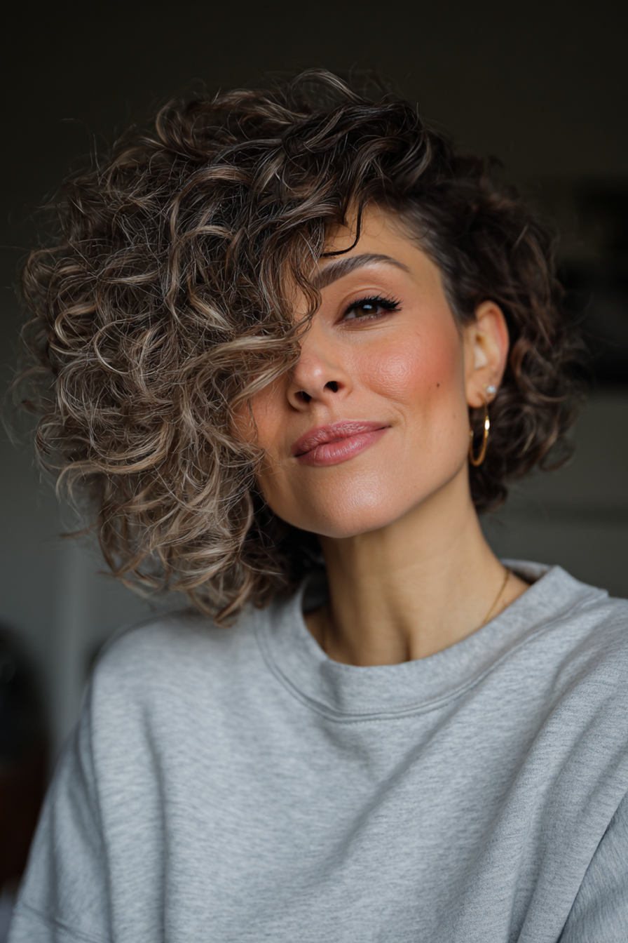 13. Asymmetrical Curly Cut with Ash Brown Balayage (Hairstyles For Women Over 40 With Curly Hair) - Hairstyles For Women Over 40 With Curly Hair