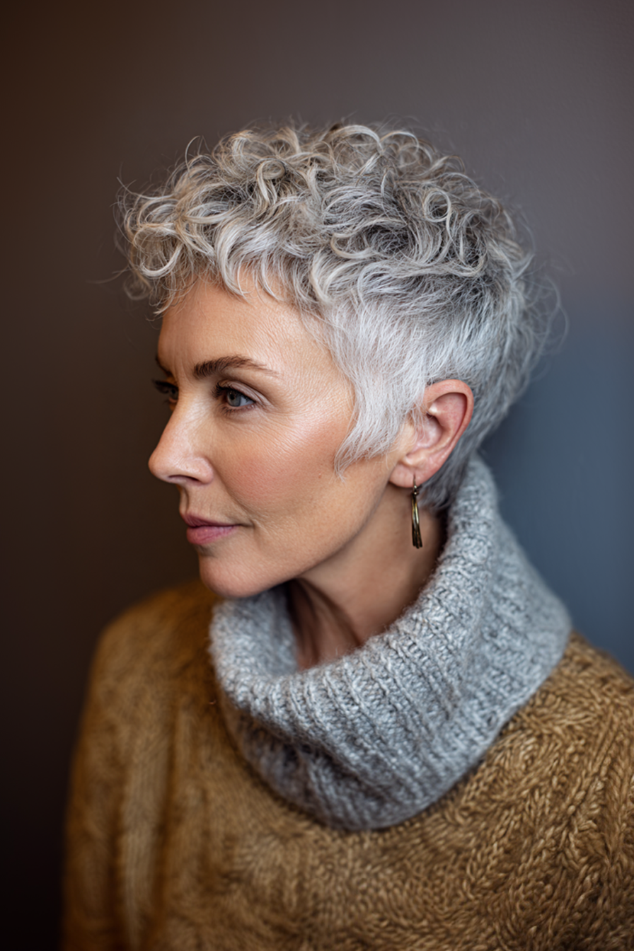 15. Elongated Pixie with Platinum Curls (Hairstyles For Women Over 40 With Curly Hair) - Hairstyles For Women Over 40 With Curly Hair