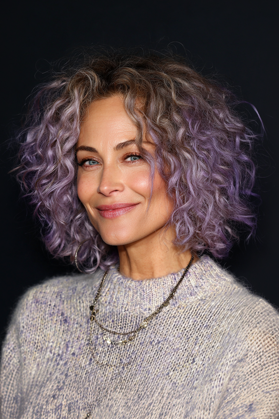 17. Mid-Length Curly Cut with Lavender Tones (Hairstyles For Women Over 40 With Curly Hair) - Hairstyles For Women Over 40 With Curly Hair