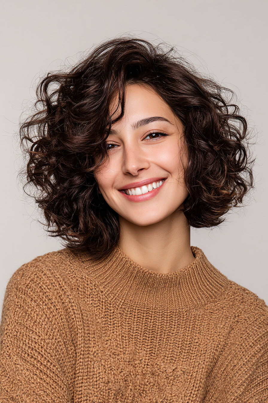 18. Curly Blunt Bob in Espresso Brown (Hairstyles For Women Over 40 With Curly Hair) - Hairstyles For Women Over 40 With Curly Hair