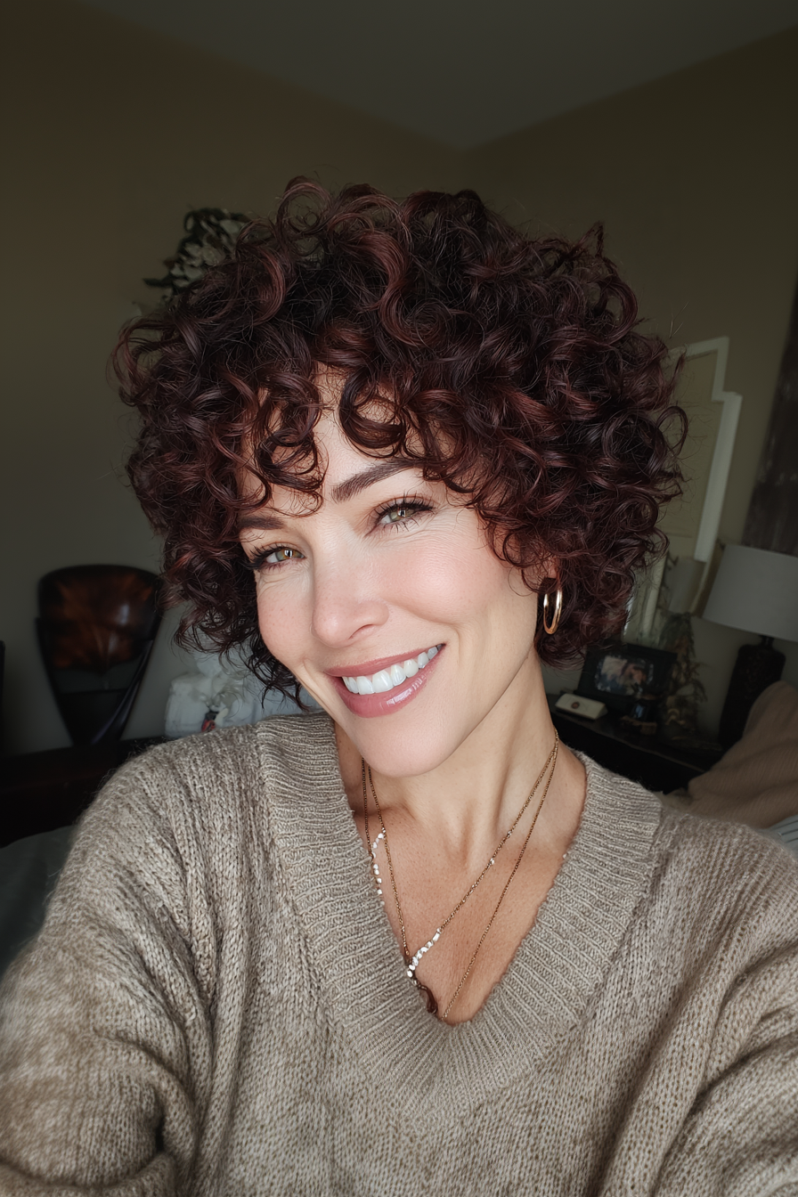 20. Short Sculpted Curls with Mahogany Tint (Hairstyles For Women Over 40 With Curly Hair) - Hairstyles For Women Over 40 With Curly Hair