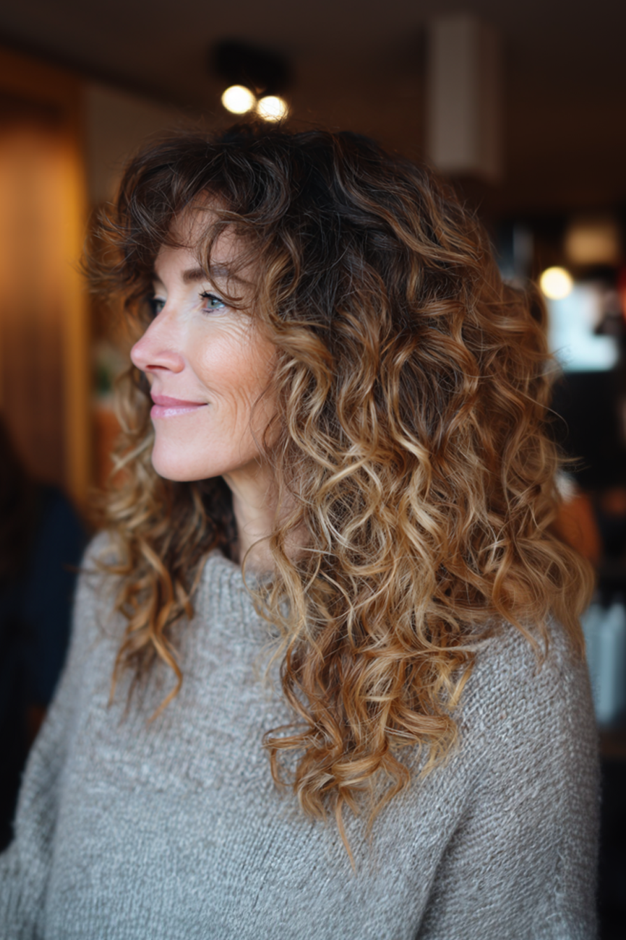 21. Curly Curtain Bangs with Honey Ombre (Hairstyles For Women Over 40 With Curly Hair) - Hairstyles For Women Over 40 With Curly Hair