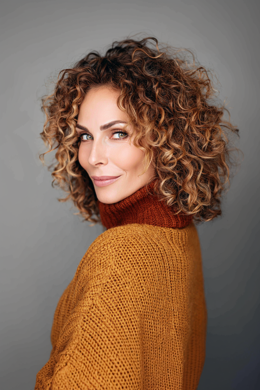 24. Freeform Curls with Toasted Almond Highlights (Hairstyles For Women Over 40 With Curly Hair) - Hairstyles For Women Over 40 With Curly Hair