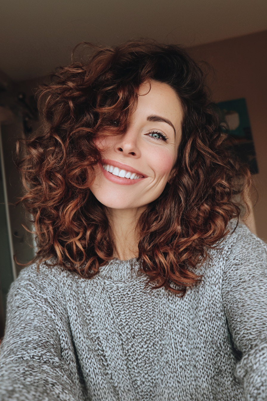 25. Messy Shoulder-Length Curls with Rosy Brown Ends (Hairstyles For Women Over 40 With Curly Hair) - Hairstyles For Women Over 40 With Curly Hair
