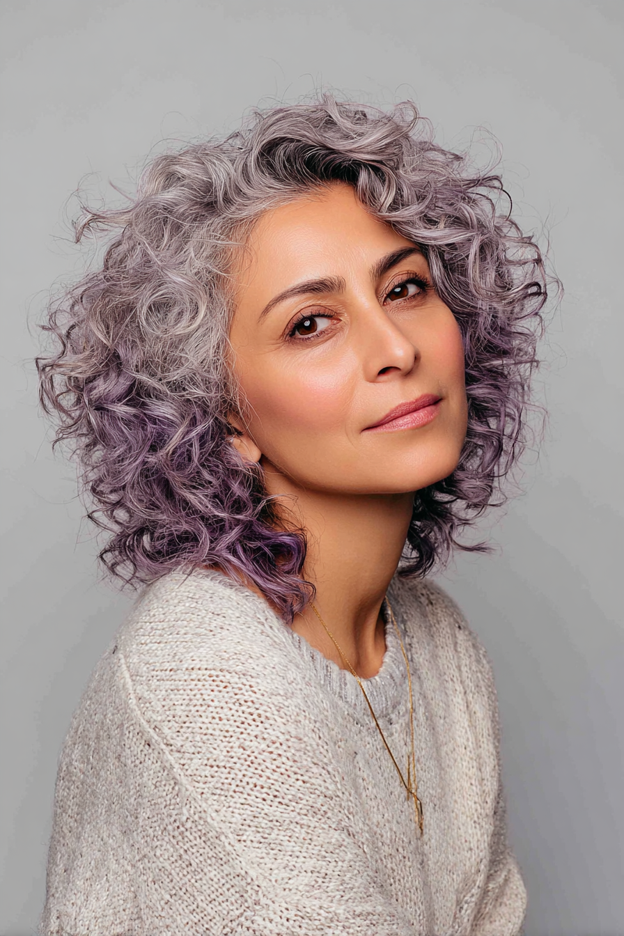 27. Layered Curly Shag with Subtle Violet Undertones (Hairstyles For Women Over 40 With Curly Hair) - Hairstyles For Women Over 40 With Curly Hair