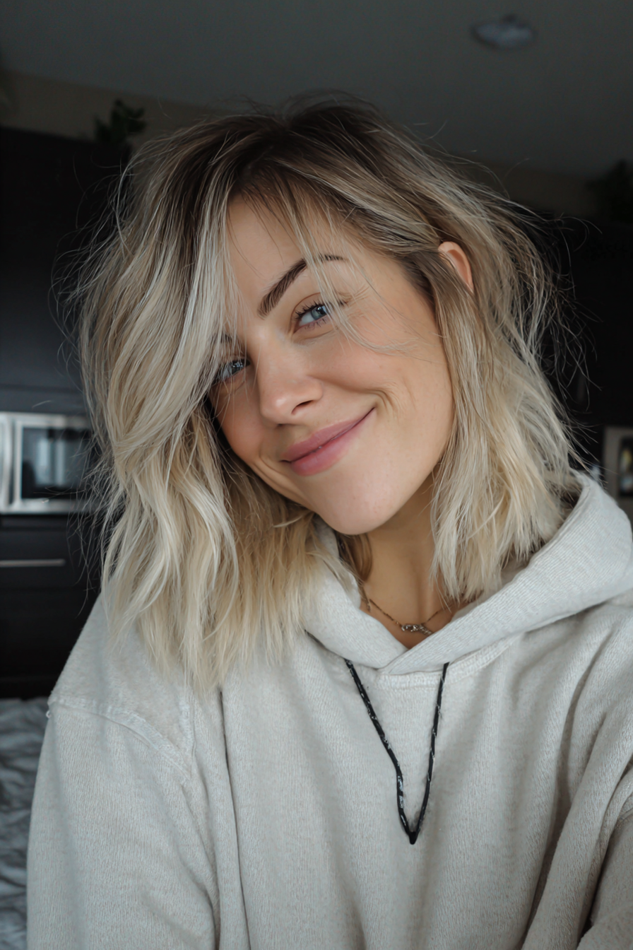 2. Textured Lob with Ash Blonde Balayage (Medium Length Layered Haircuts For Thick Hair) - Medium Length Layered Haircuts For Thick Hair