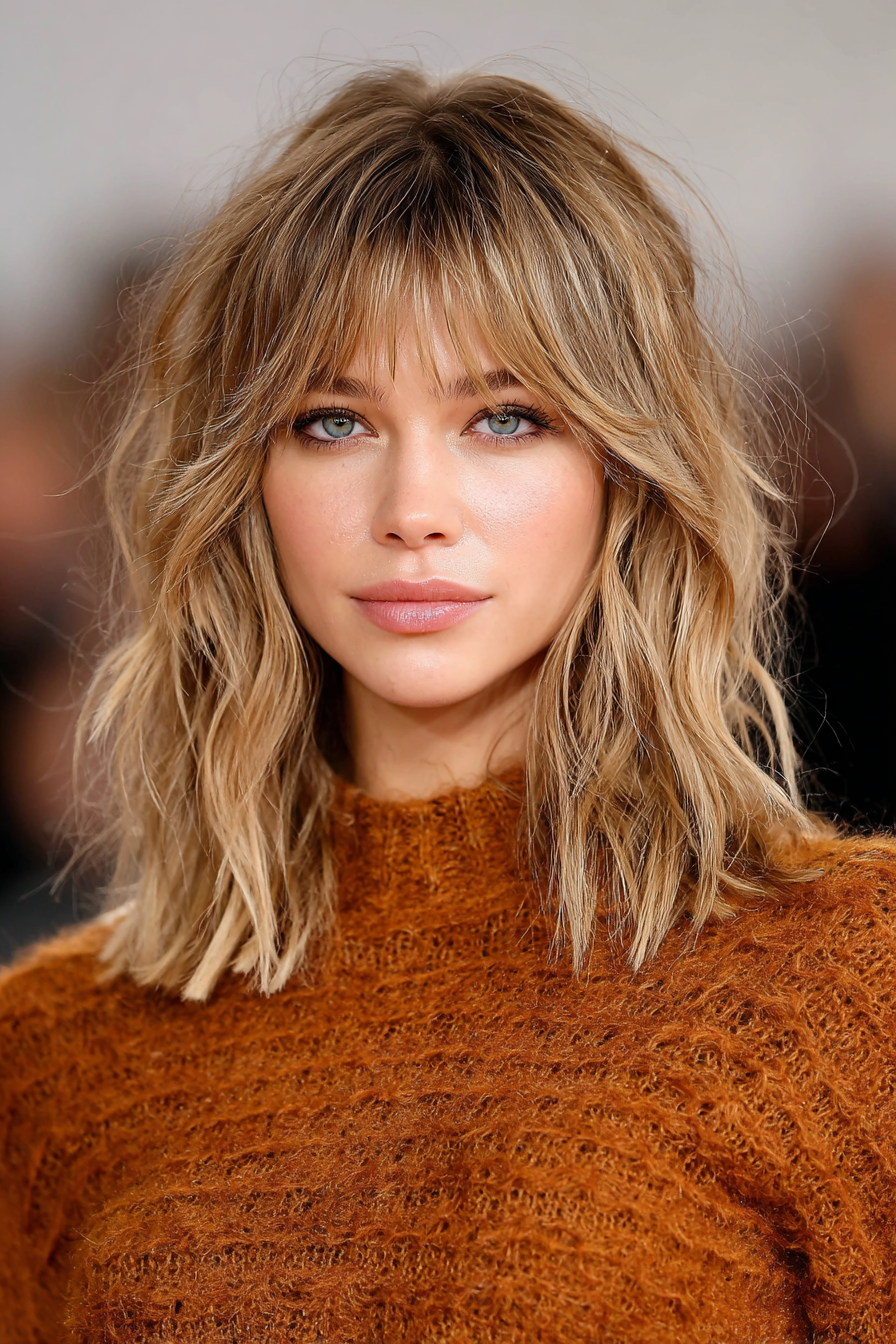 4. Layered Shag with Honey Blonde Streaks (Medium Length Layered Haircuts For Thick Hair) - Medium Length Layered Haircuts For Thick Hair
