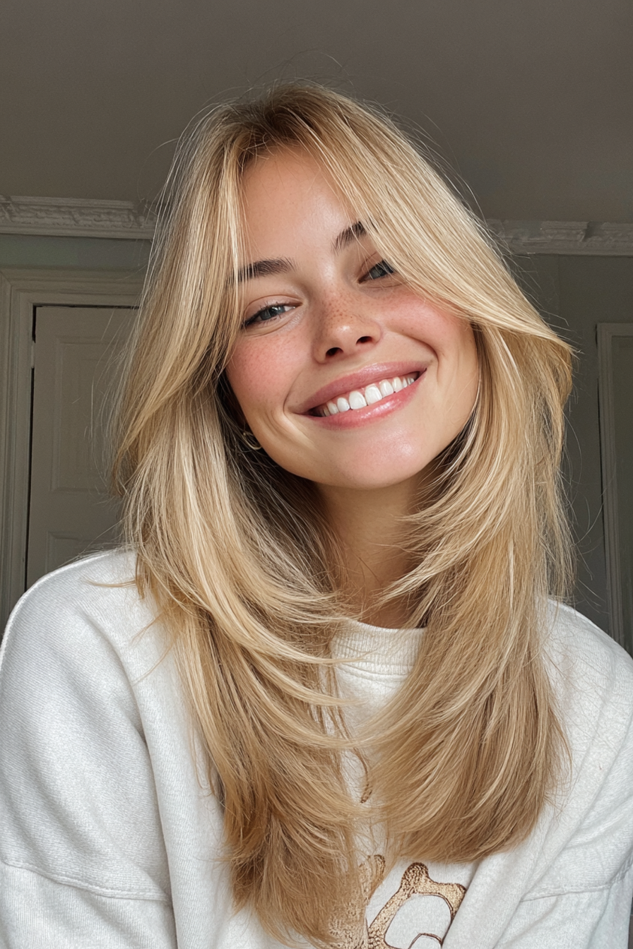 7. Curtain Bangs with Layered Mid-Length Cut in Golden Blonde (Medium Length Layered Haircuts For Thick Hair) - Medium Length Layered Haircuts For Thick Hair