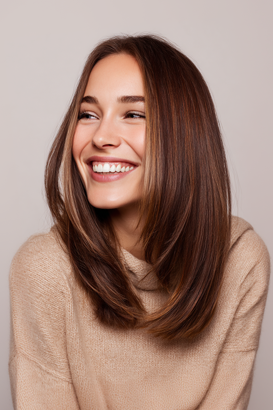 10. Smooth Layers with Chocolate Balayage (Medium Length Layered Haircuts For Thick Hair) - Medium Length Layered Haircuts For Thick Hair