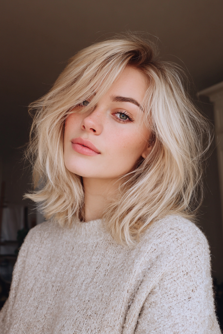 13. Feathered Cut with Blonde Babylights (Medium Length Layered Haircuts For Thick Hair) - Medium Length Layered Haircuts For Thick Hair