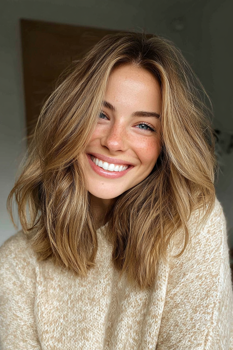 14. Layered Blowout with Sandy Blonde Shine (Medium Length Layered Haircuts For Thick Hair) - Medium Length Layered Haircuts For Thick Hair