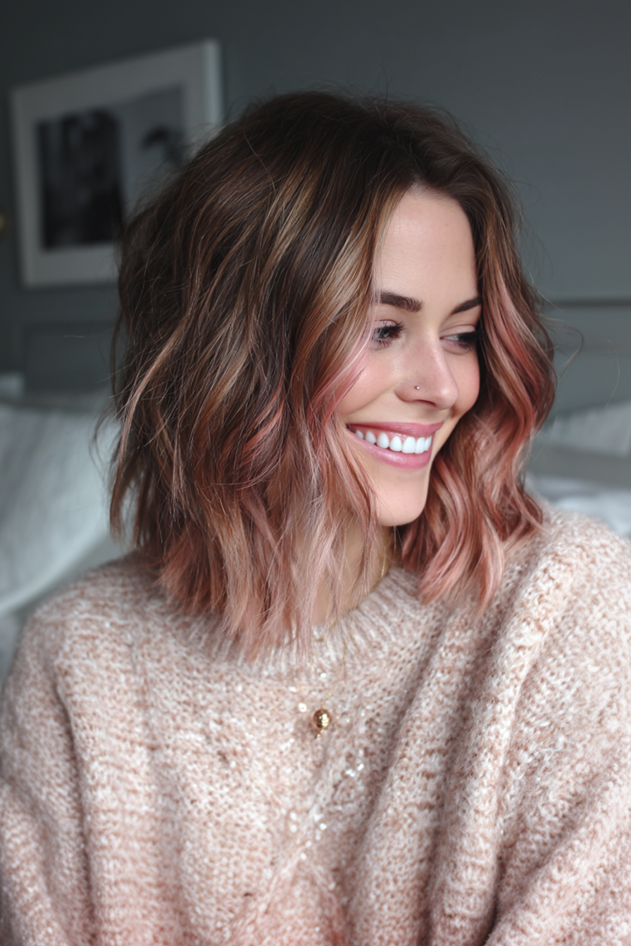 15. Shaggy Lob with Rose Gold Highlights (Medium Length Layered Haircuts For Thick Hair) - Medium Length Layered Haircuts For Thick Hair