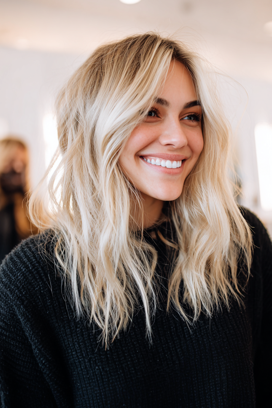 16. Long Layers with Icy Blonde Balayage (Medium Length Layered Haircuts For Thick Hair) - Medium Length Layered Haircuts For Thick Hair