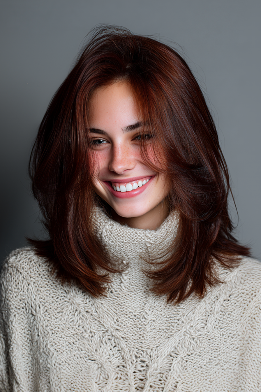 17. Medium Feathered Cut with Mahogany Tones (Medium Length Layered Haircuts For Thick Hair) - Medium Length Layered Haircuts For Thick Hair