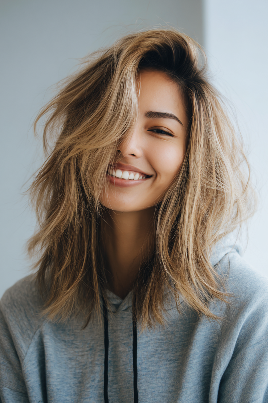 21. Tousled Layers with Buttery Blonde Highlights (Medium Length Layered Haircuts For Thick Hair) - Medium Length Layered Haircuts For Thick Hair
