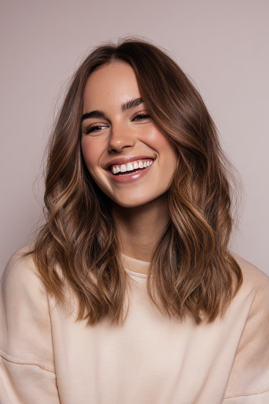 24. Medium Layers with Subtle Ombre Brunette (Medium Length Layered Haircuts For Thick Hair) - Medium Length Layered Haircuts For Thick Hair