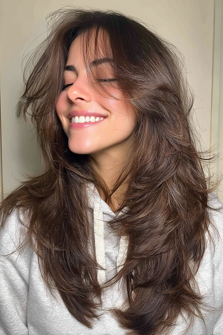 26. Feathered Medium Layers with Cinnamon Brown Streaks (Medium Length Layered Haircuts For Thick Hair) - Medium Length Layered Haircuts For Thick Hair