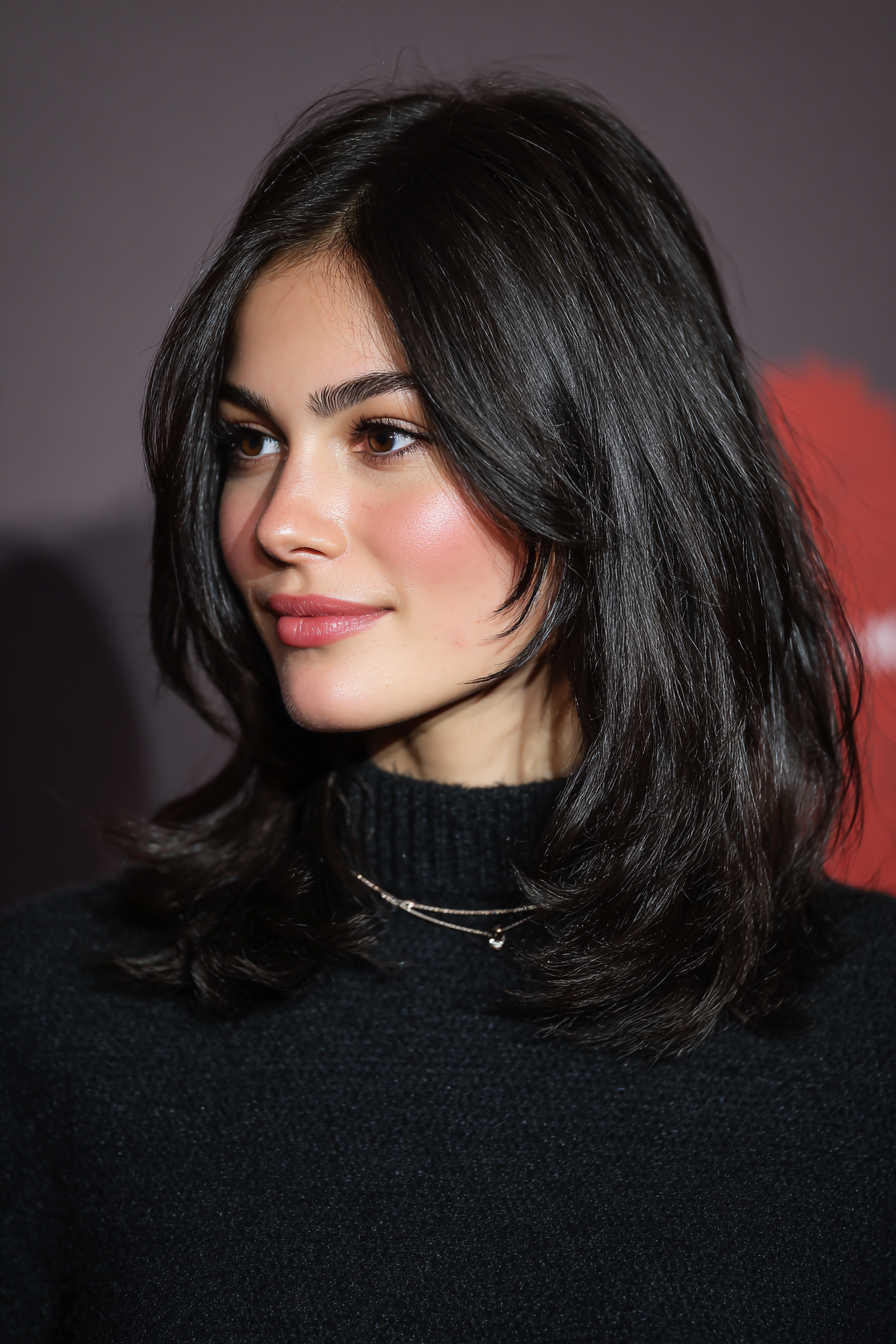 27. Polished Mid-Length Layers with Glossy Jet Black (Medium Length Layered Haircuts For Thick Hair) - Medium Length Layered Haircuts For Thick Hair