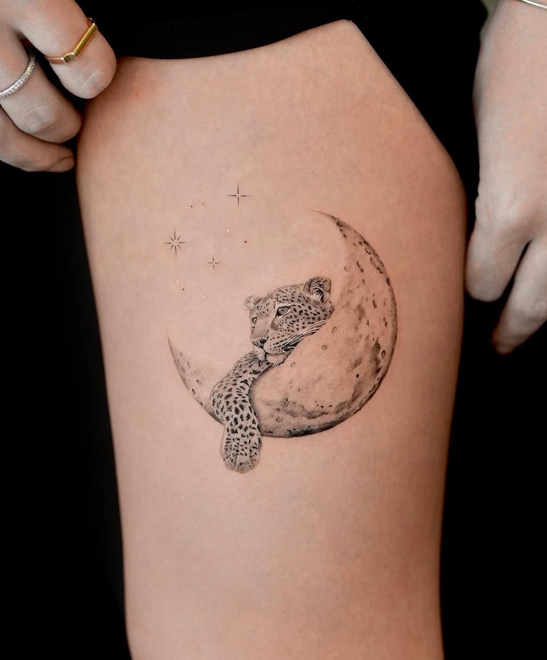 Elegant leopard resting on a crescent moon