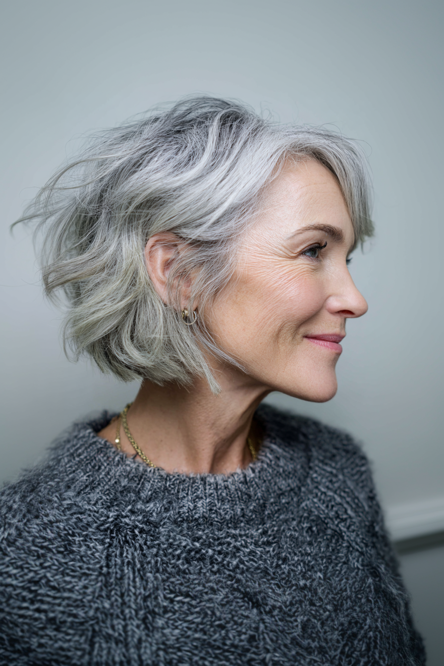 1. Textured Silver Layered Bob (Layered Bob Hairstyles For Women Over 50) - Layered Bob Hairstyles For Women Over 50