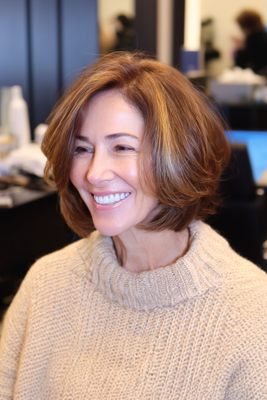 2. Warm Caramel Layered Bob (Layered Bob Hairstyles For Women Over 50) - Layered Bob Hairstyles For Women Over 50