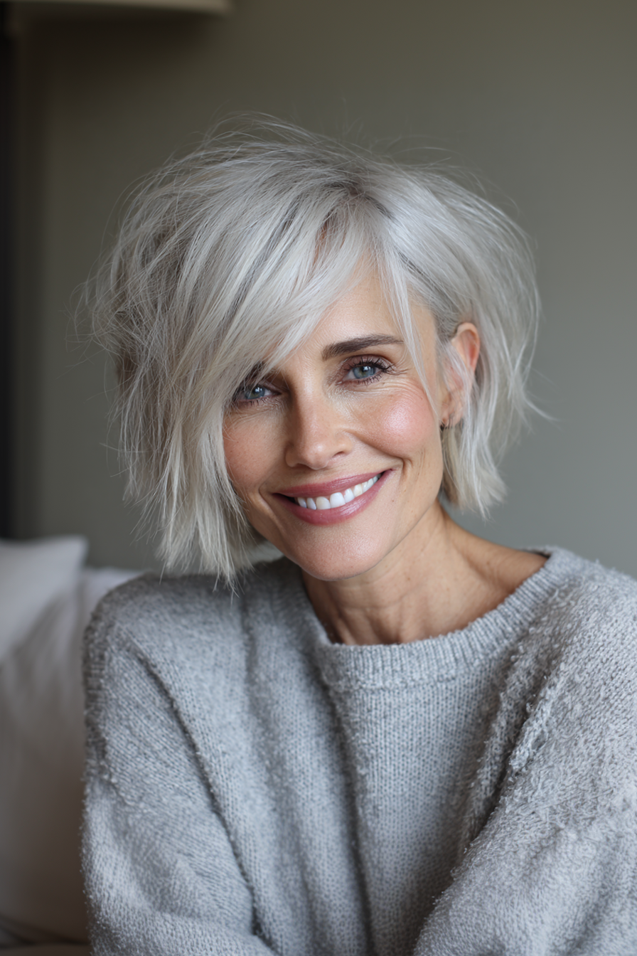 3. Short Choppy Layered Bob in Platinum (Layered Bob Hairstyles For Women Over 50) - Layered Bob Hairstyles For Women Over 50