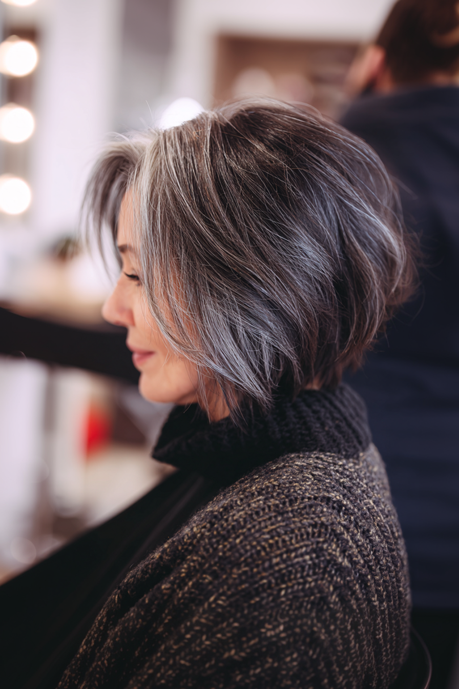 6. Layered Bob with Silver Balayage (Layered Bob Hairstyles For Women Over 50) - Layered Bob Hairstyles For Women Over 50