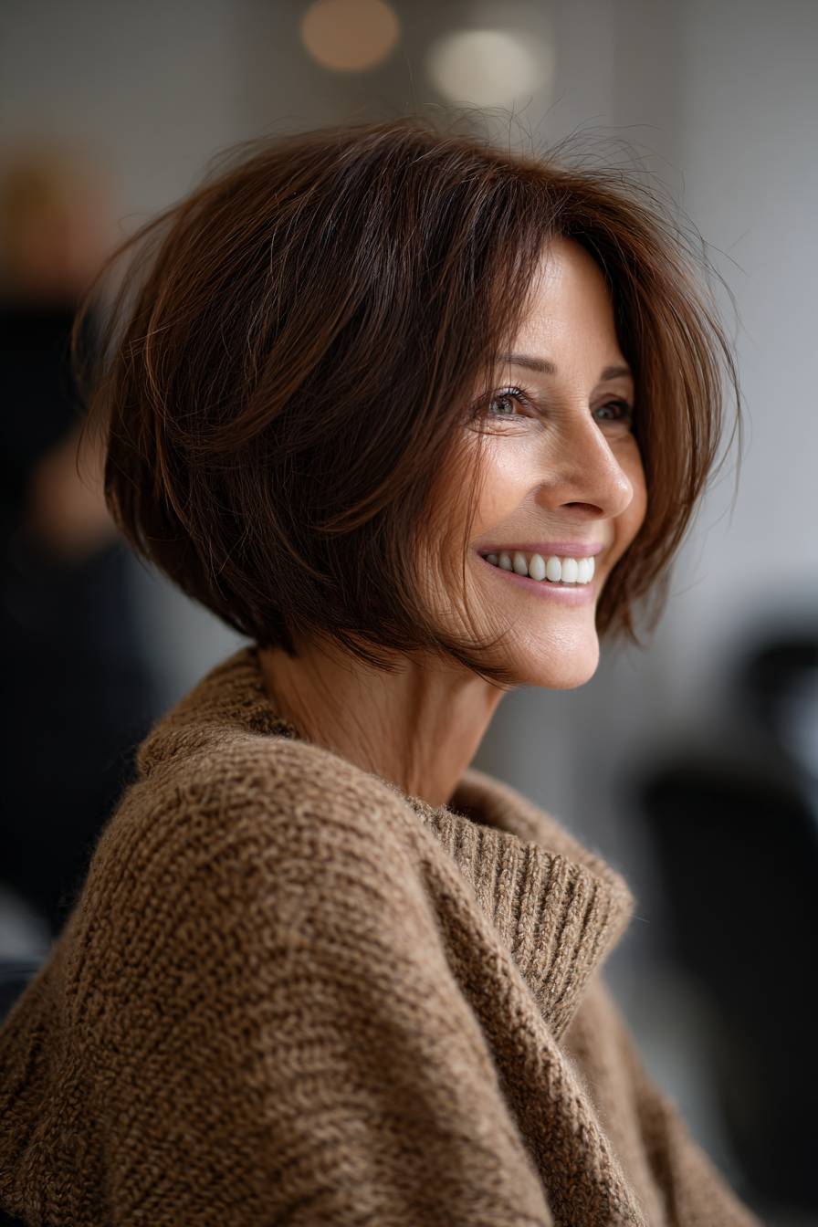 11. Classic Layered Bob in Espresso (Layered Bob Hairstyles For Women Over 50) - Layered Bob Hairstyles For Women Over 50