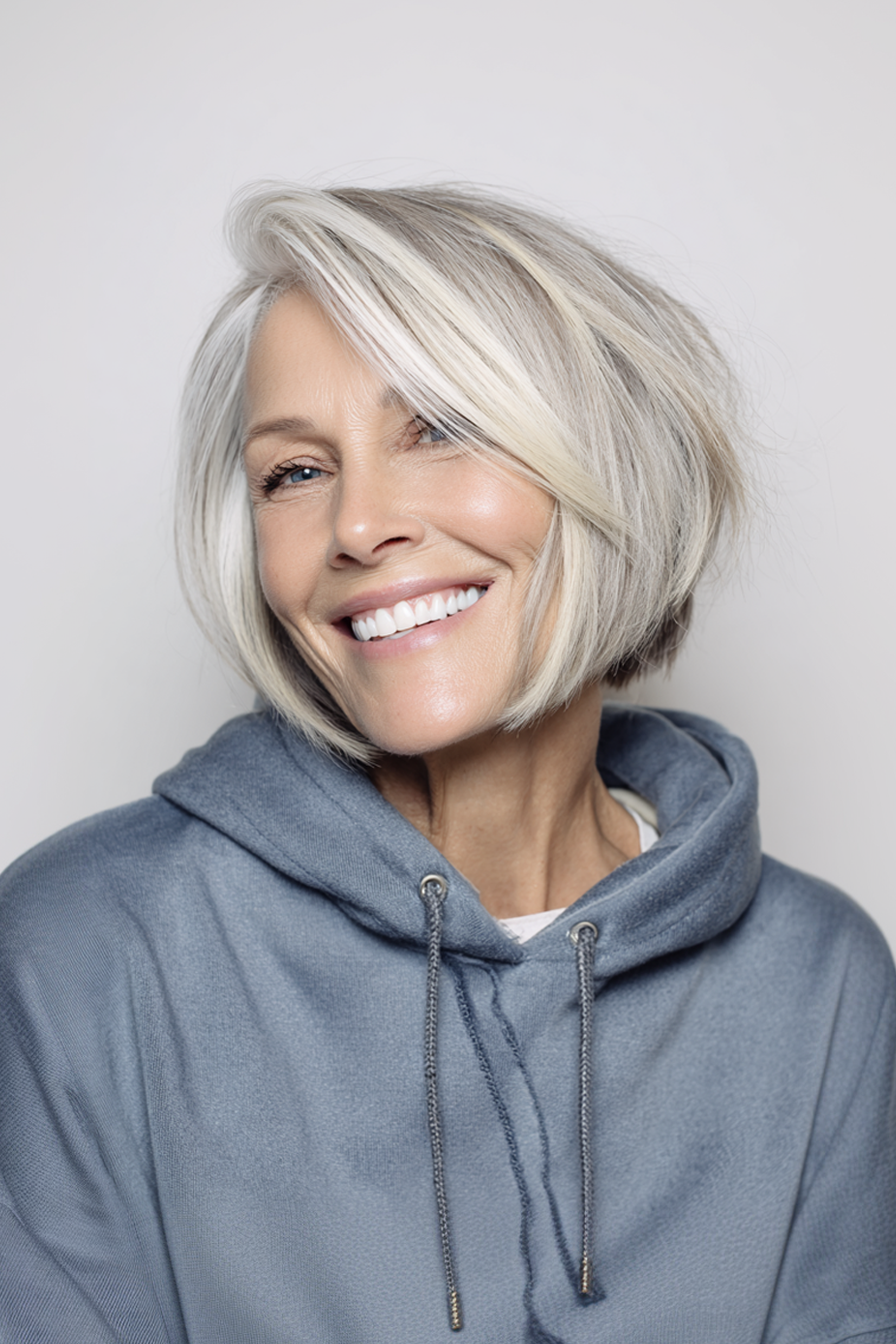 14. Angled Bob with Icy Blonde Streaks (Layered Bob Hairstyles For Women Over 50) - Layered Bob Hairstyles For Women Over 50