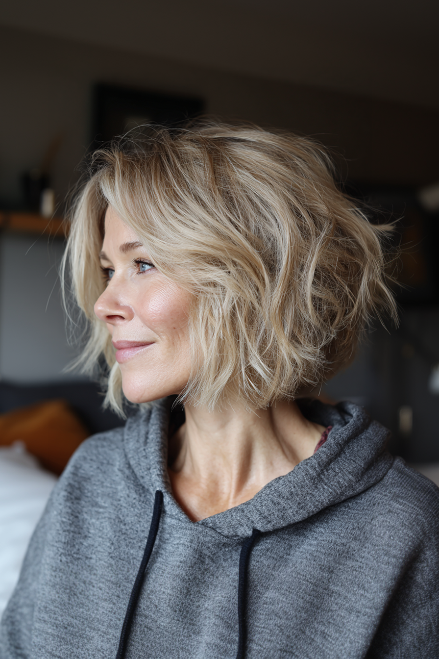 16. Textured Bob with Champagne Blonde (Layered Bob Hairstyles For Women Over 50) - Layered Bob Hairstyles For Women Over 50