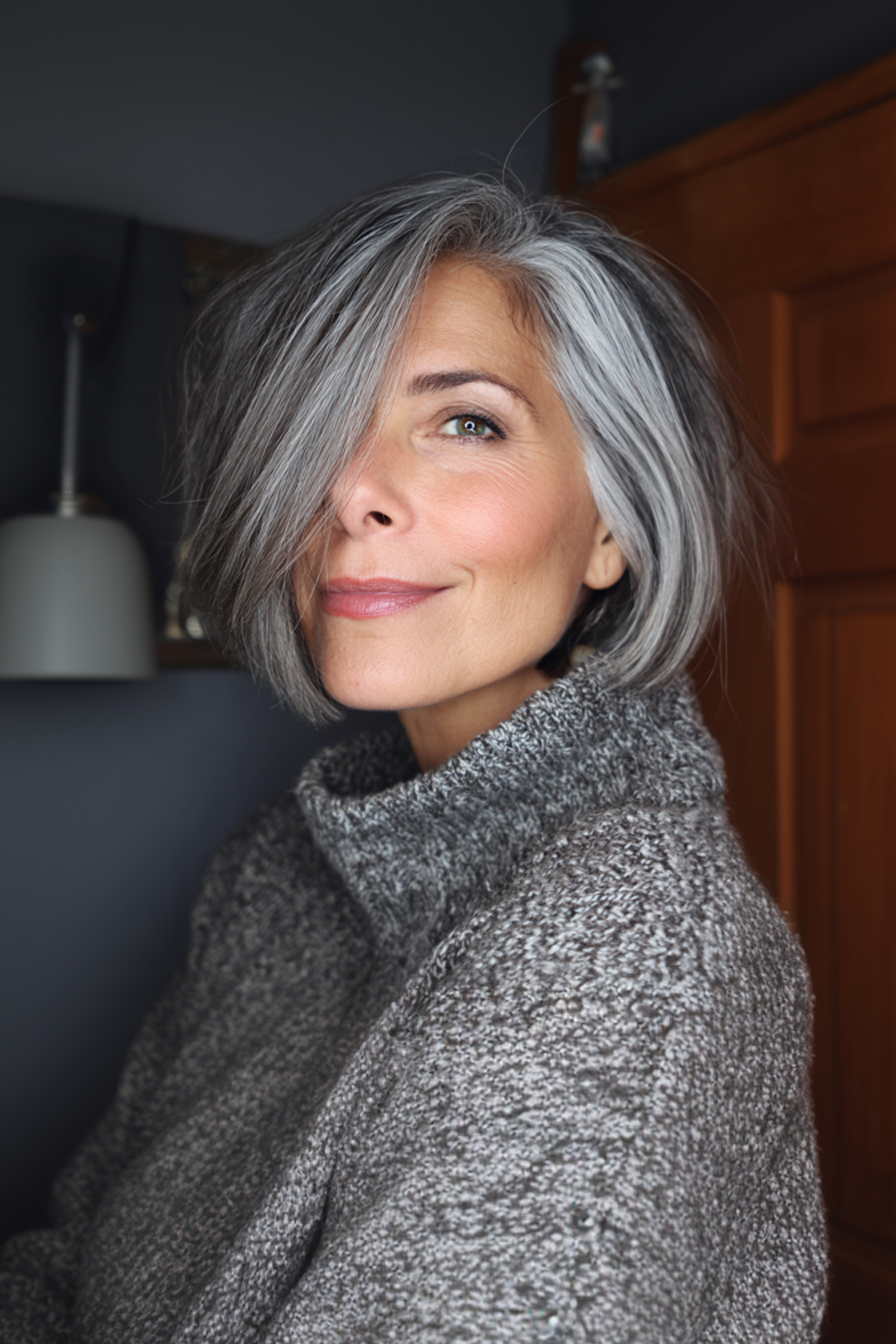 18. Chin-Length Bob in Smoky Gray (Layered Bob Hairstyles For Women Over 50) - Layered Bob Hairstyles For Women Over 50
