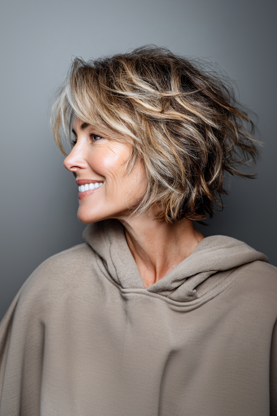 19. Messy Layered Bob with Balayage (Layered Bob Hairstyles For Women Over 50) - Layered Bob Hairstyles For Women Over 50