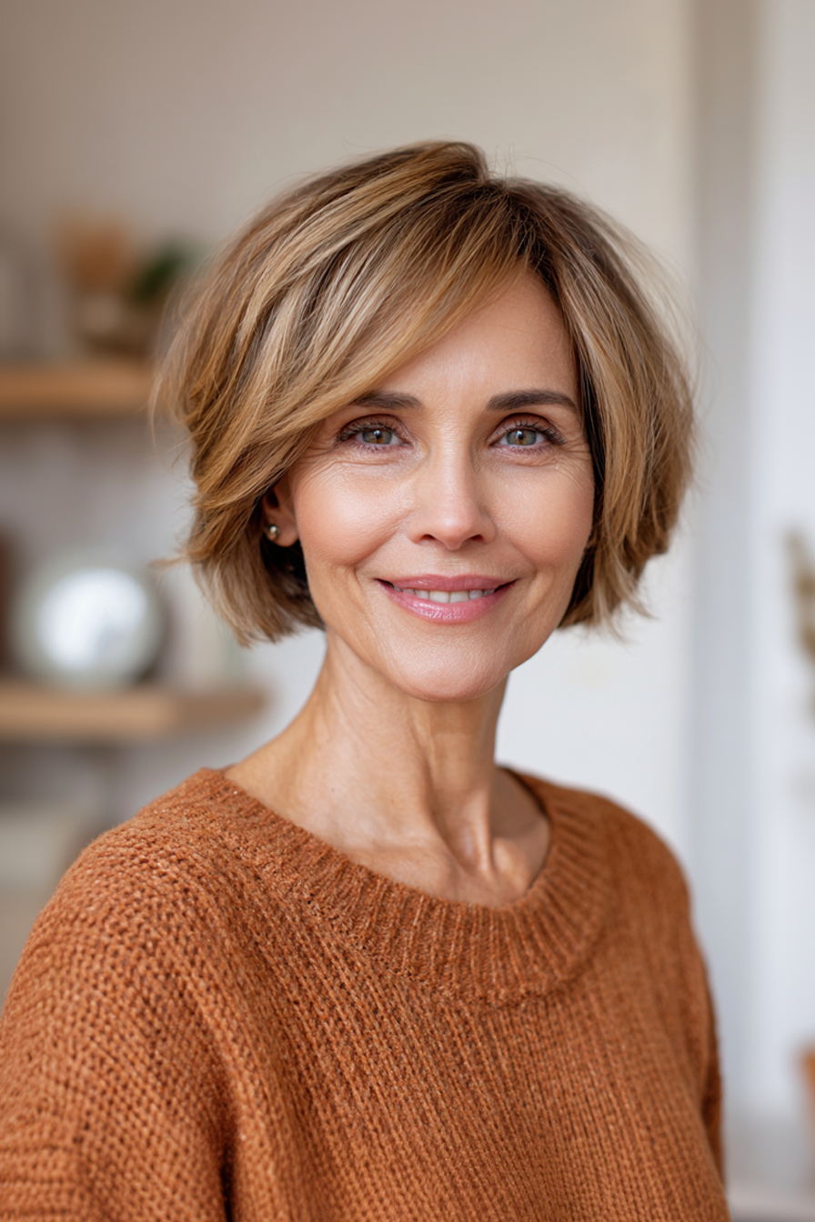 20. Short Layered Bob in Honey Brown (Layered Bob Hairstyles For Women Over 50) - Layered Bob Hairstyles For Women Over 50
