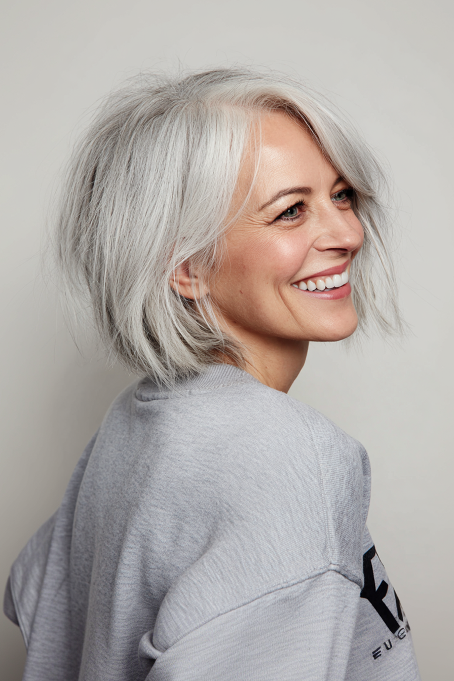 21. Layered Bob with Icy Silver Ombre (Layered Bob Hairstyles For Women Over 50) - Layered Bob Hairstyles For Women Over 50