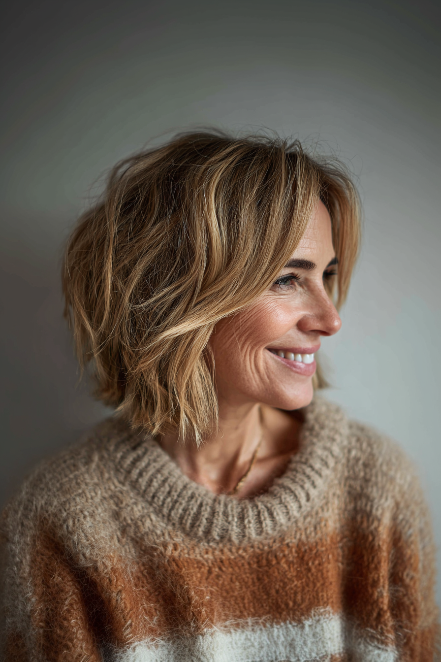 22. Side-Parted Bob with Golden Highlights (Layered Bob Hairstyles For Women Over 50) - Layered Bob Hairstyles For Women Over 50