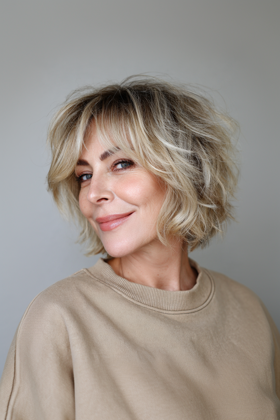 25. Shaggy Bob with Blonde Balayage (Layered Bob Hairstyles For Women Over 50) - Layered Bob Hairstyles For Women Over 50