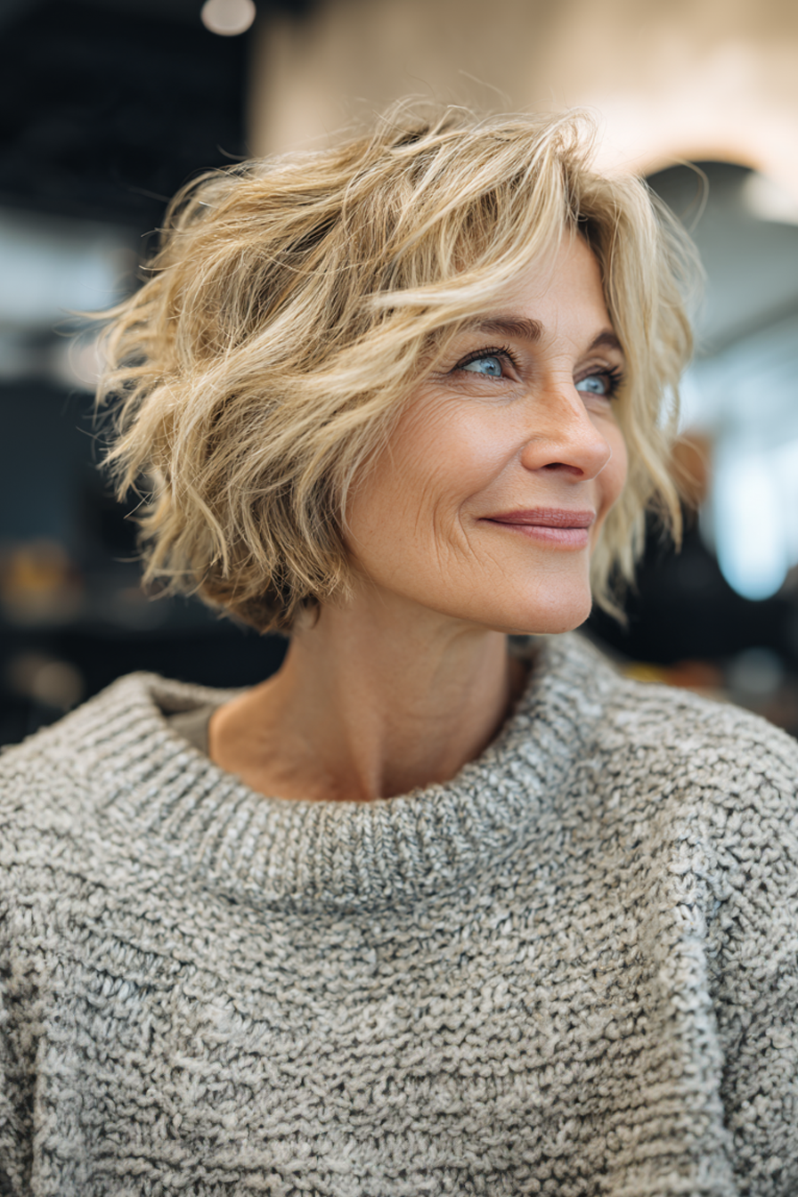 1. Textured Bob with Sandy Blonde Highlights (Summer Hairstyles For Women Over 50) - Summer Hairstyles For Women Over 50