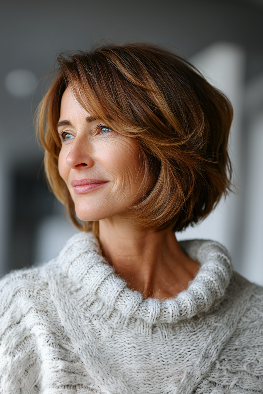 3. Layered Lob with Warm Chestnut Balayage (Summer Hairstyles For Women Over 50) - Summer Hairstyles For Women Over 50