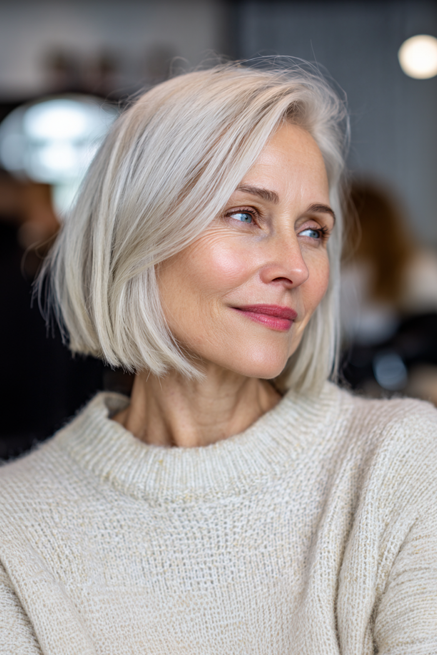 4. Chin-Length Blunt Bob in Pearl Blonde (Summer Hairstyles For Women Over 50) - Summer Hairstyles For Women Over 50