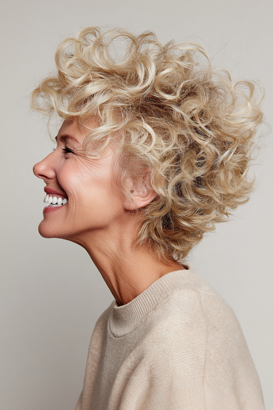 9. Curly Crop with Champagne Blonde (Summer Hairstyles For Women Over 50) - Summer Hairstyles For Women Over 50