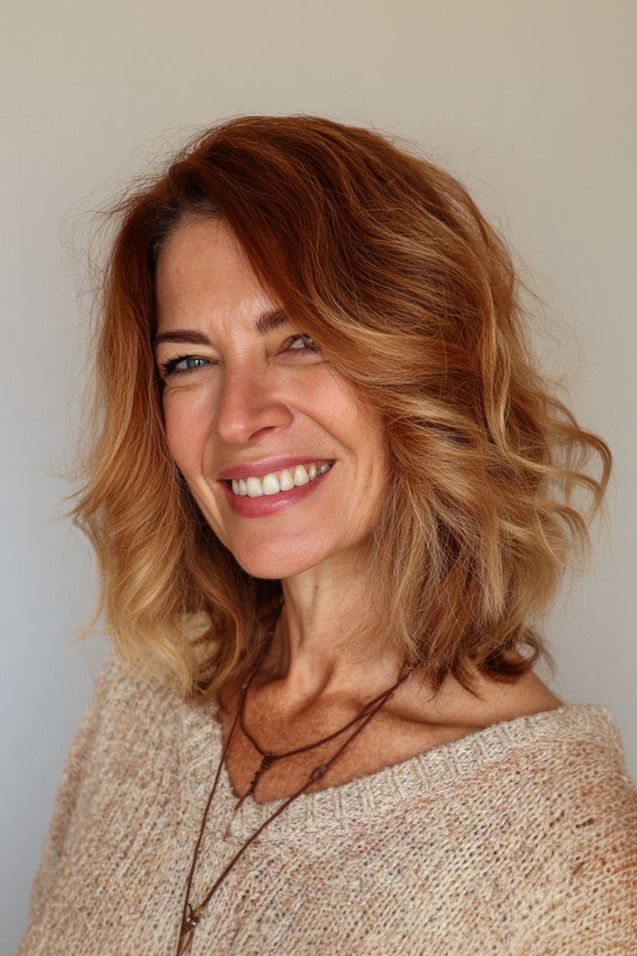 17. Wispy Lob with Cinnamon Balayage (Summer Hairstyles For Women Over 50) - Summer Hairstyles For Women Over 50