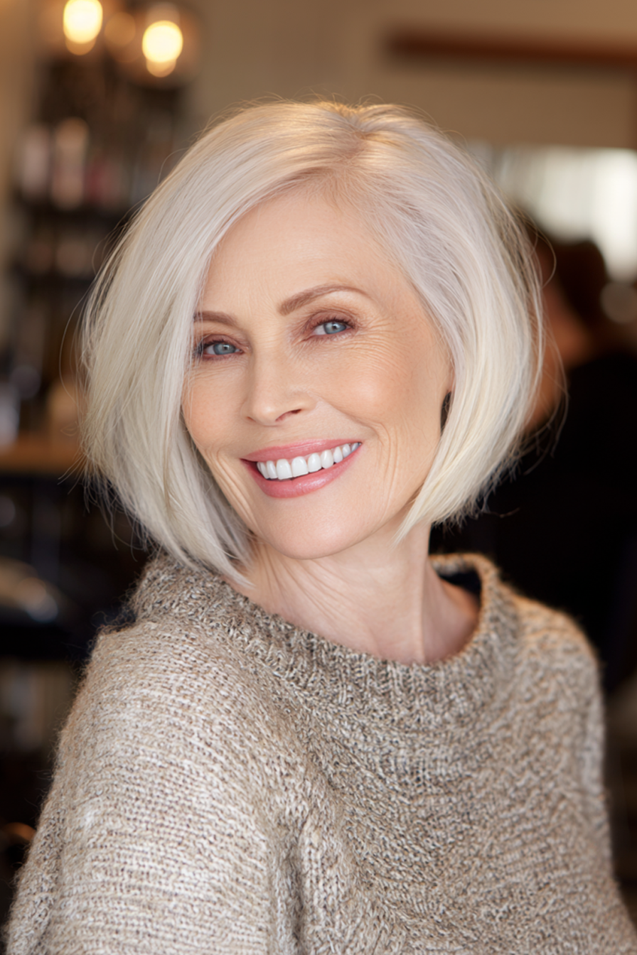 18. Rounded Bob with White Blonde Finish (Summer Hairstyles For Women Over 50) - Summer Hairstyles For Women Over 50