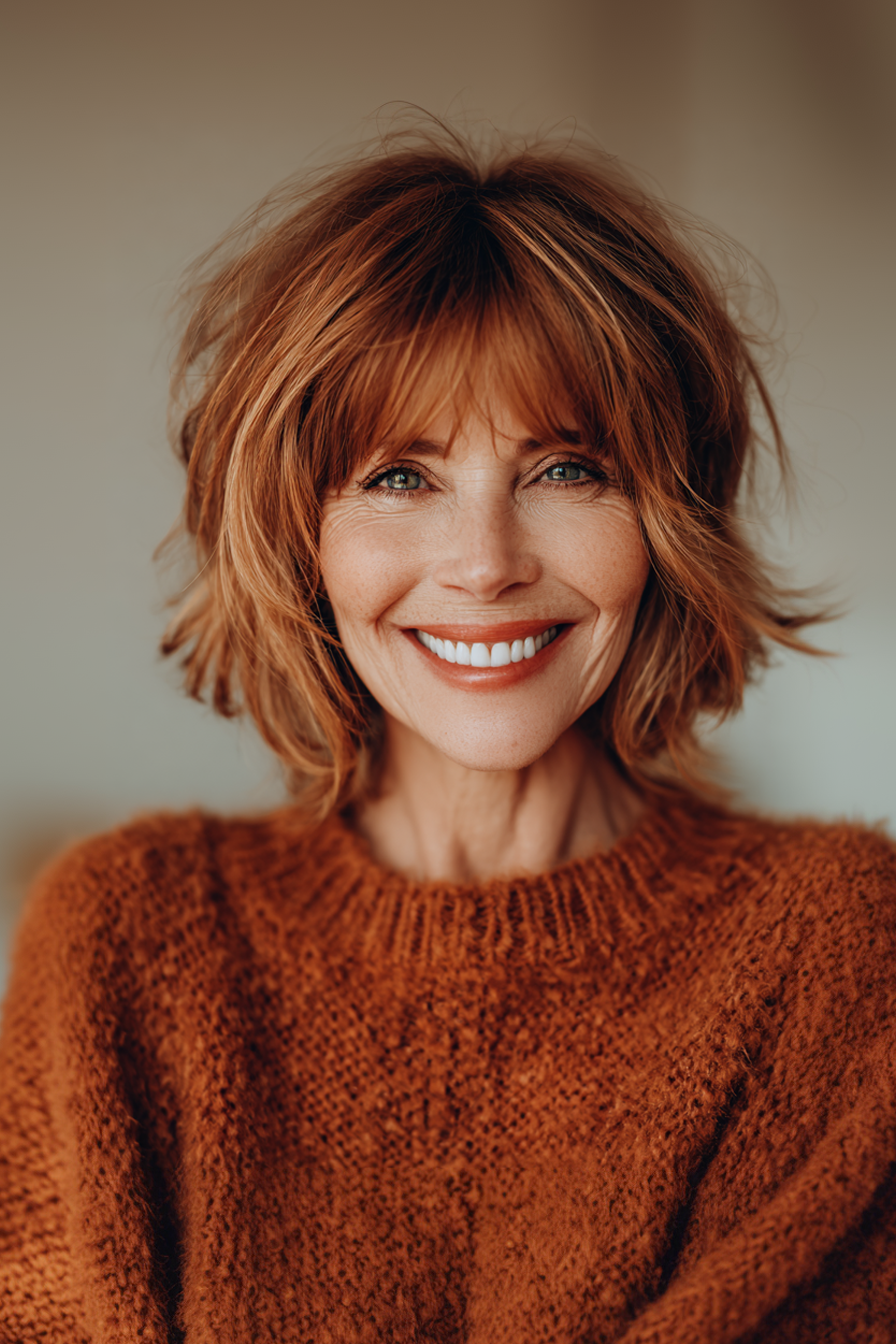 19. Neck-Length Shag with Sunlit Auburn Tones (Summer Hairstyles For Women Over 50) - Summer Hairstyles For Women Over 50