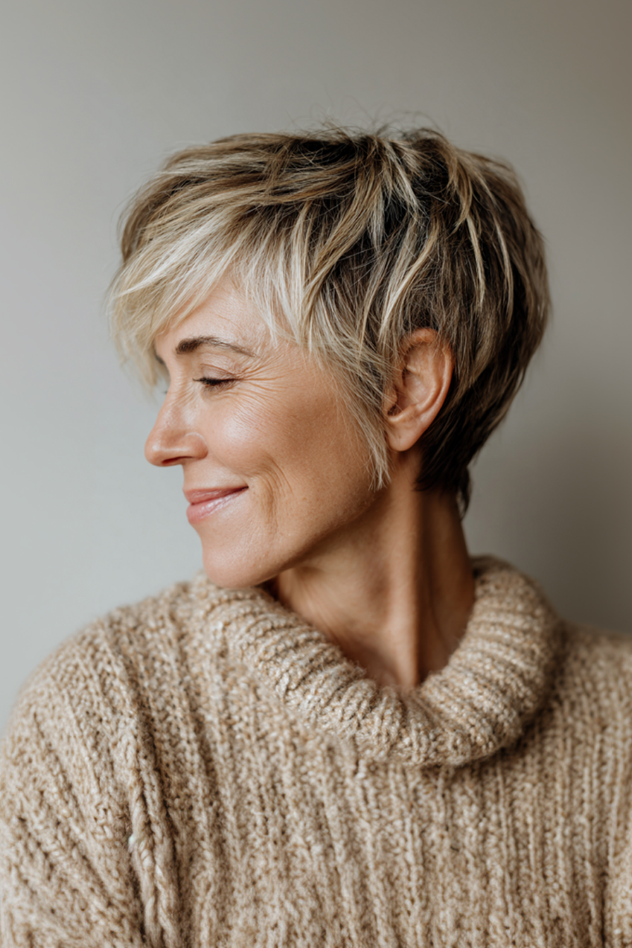 20. Piecey Crop with Beige Blonde Highlights (Summer Hairstyles For Women Over 50) - Summer Hairstyles For Women Over 50