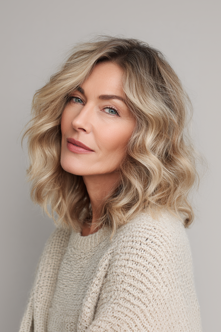 21. Medium-Length Waves with Sand Blonde Balayage (Summer Hairstyles For Women Over 50) - Summer Hairstyles For Women Over 50