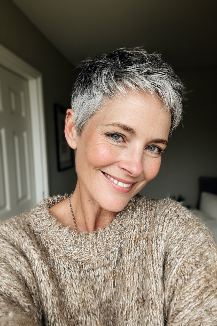 22. Short Razor Cut with Salt and Pepper Blend (Summer Hairstyles For Women Over 50) - Summer Hairstyles For Women Over 50